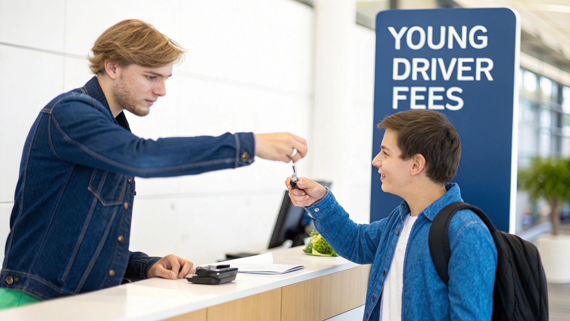A young man receives car keys from an attendant at a rental counter with a "YOUNG DRIVER FEES" sign.