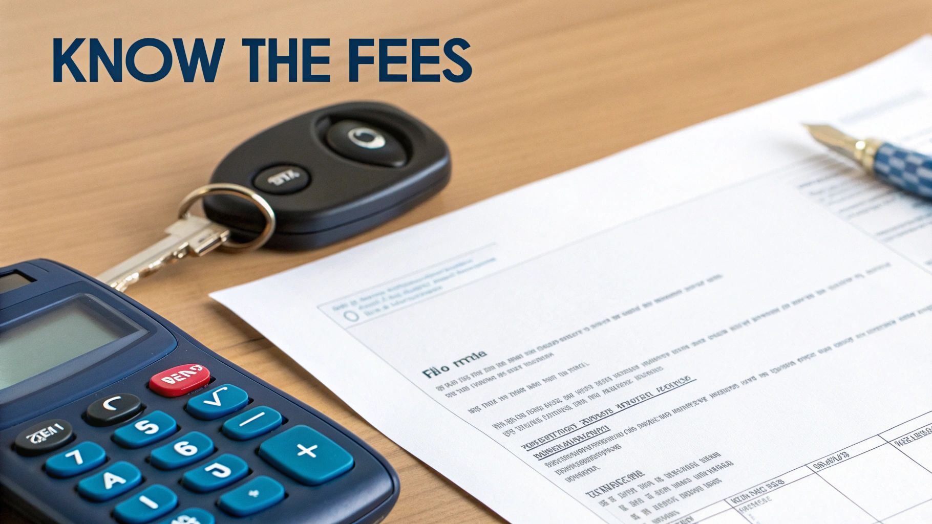 A calculator, car key, and documents on a wooden desk with a pen, next to the text 'KNOW THE FEES'.