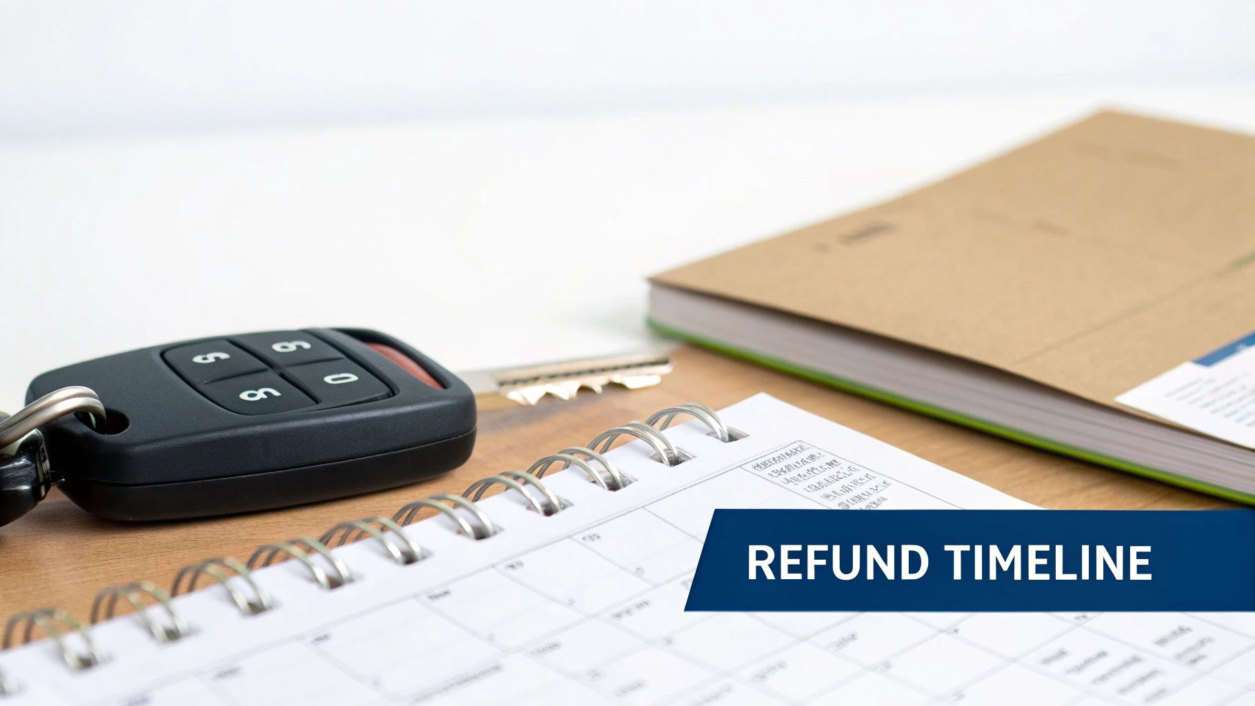 Close-up of a car key, a notebook, and a book with a 'REFUND TIMELINE' banner.