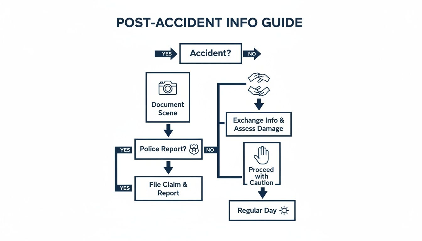 Flowchart outlining the steps to take after a car accident, from scene documentation to reporting.