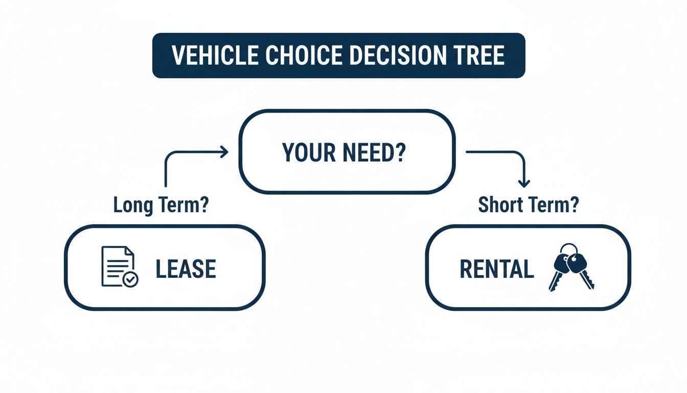 A vehicle choice decision tree flowchart comparing long-term leases and short-term rentals based on user need.