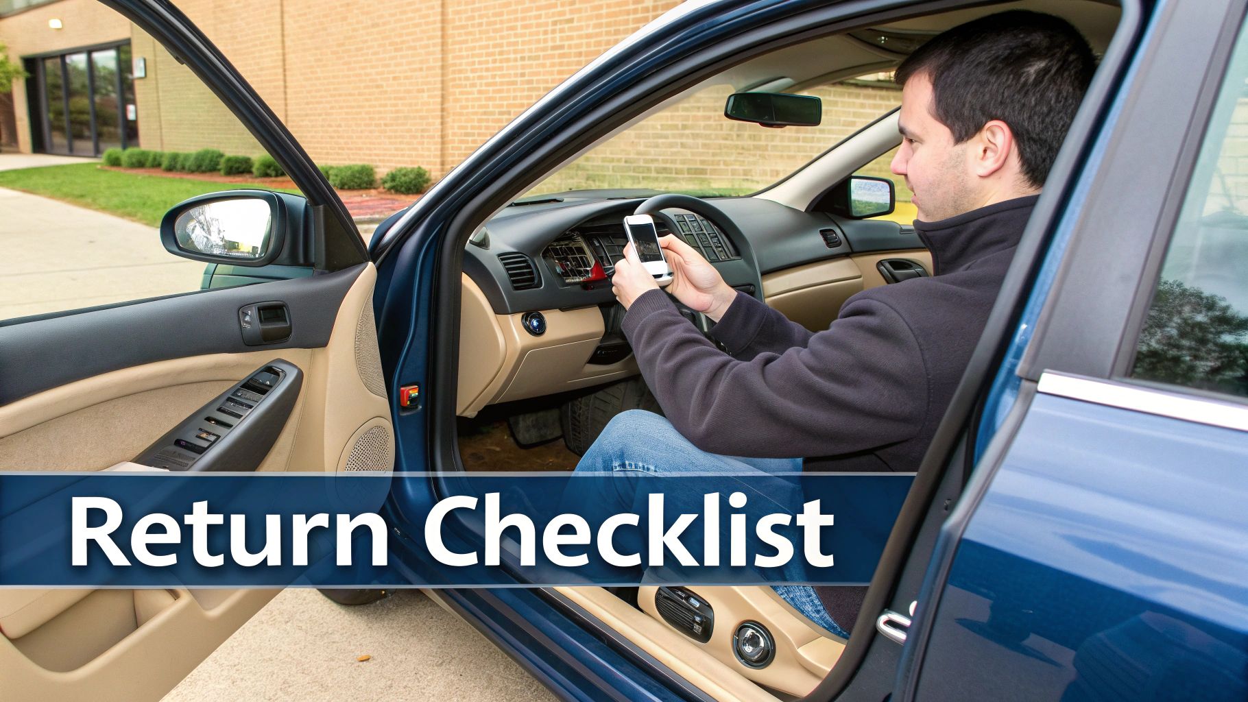 A man inside a blue car looking at his smartphone with a 'Return Checklist' overlay.