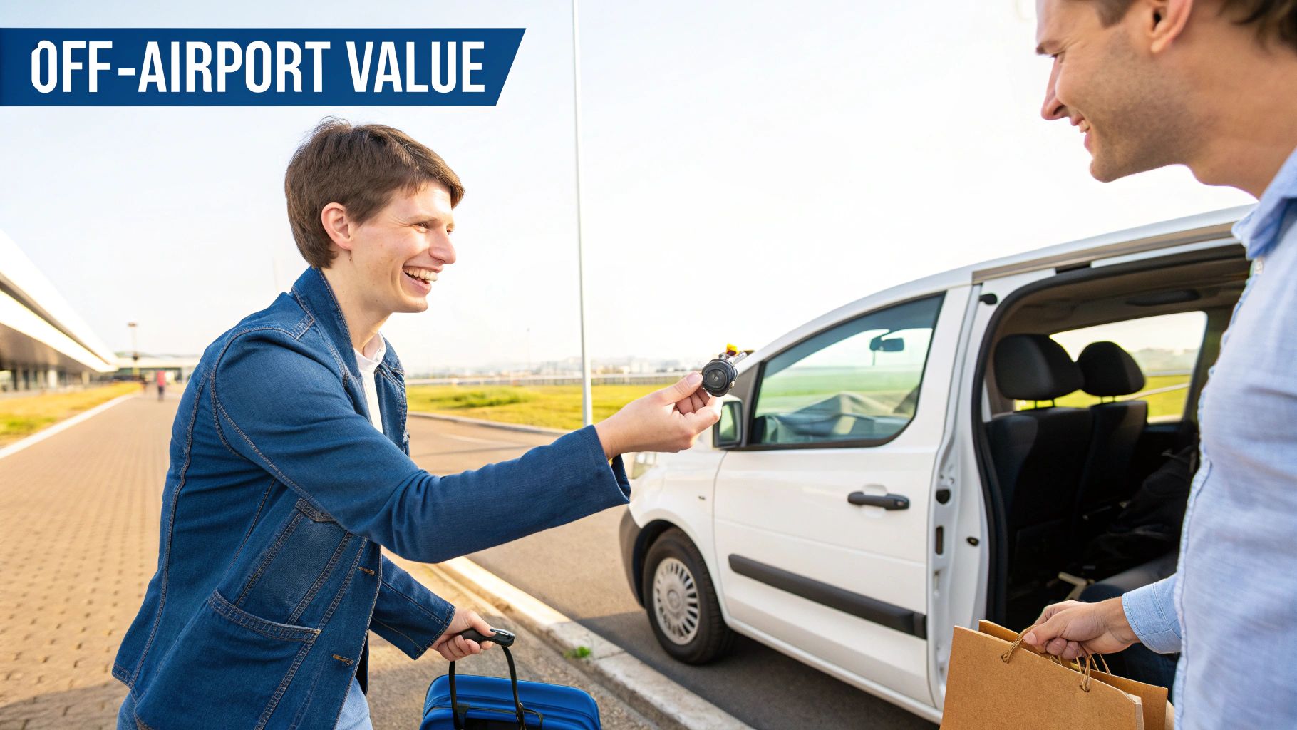 Smiling traveler receives car keys and holds a suitcase next to a white rental car, signifying convenience.