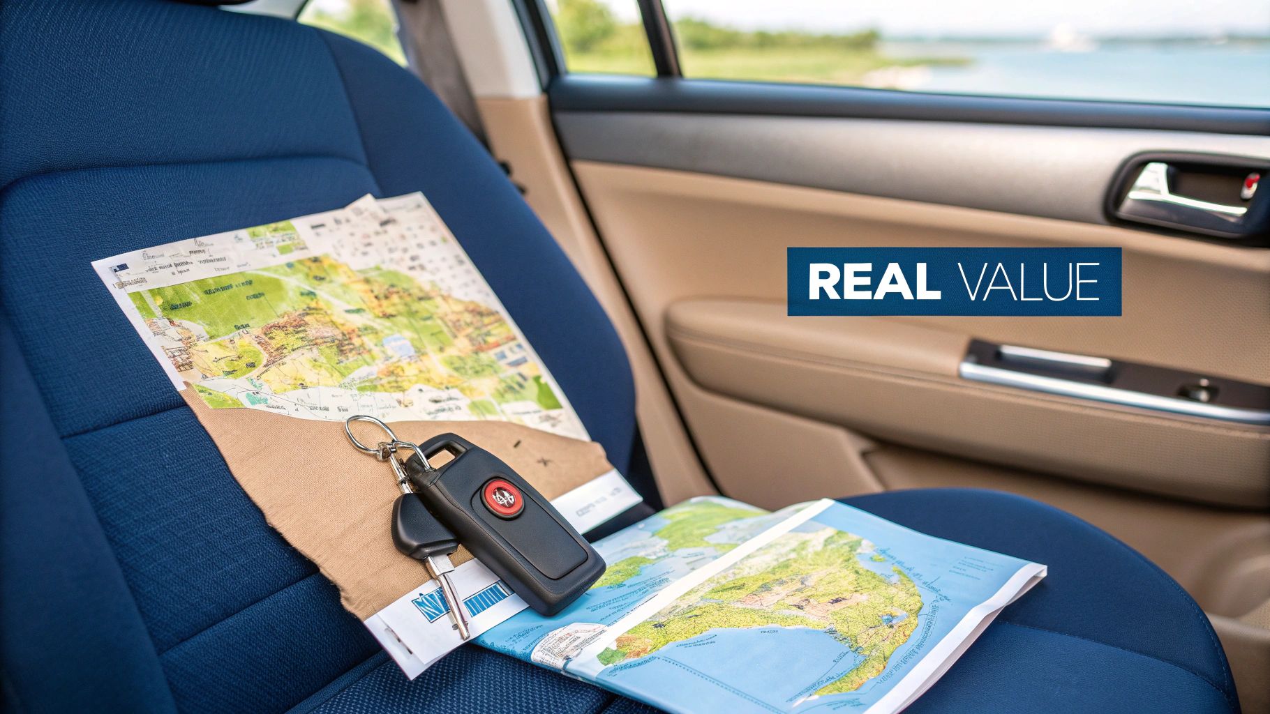 Car interior with blue seat, maps, and car keys, suggesting travel planning or a road trip.