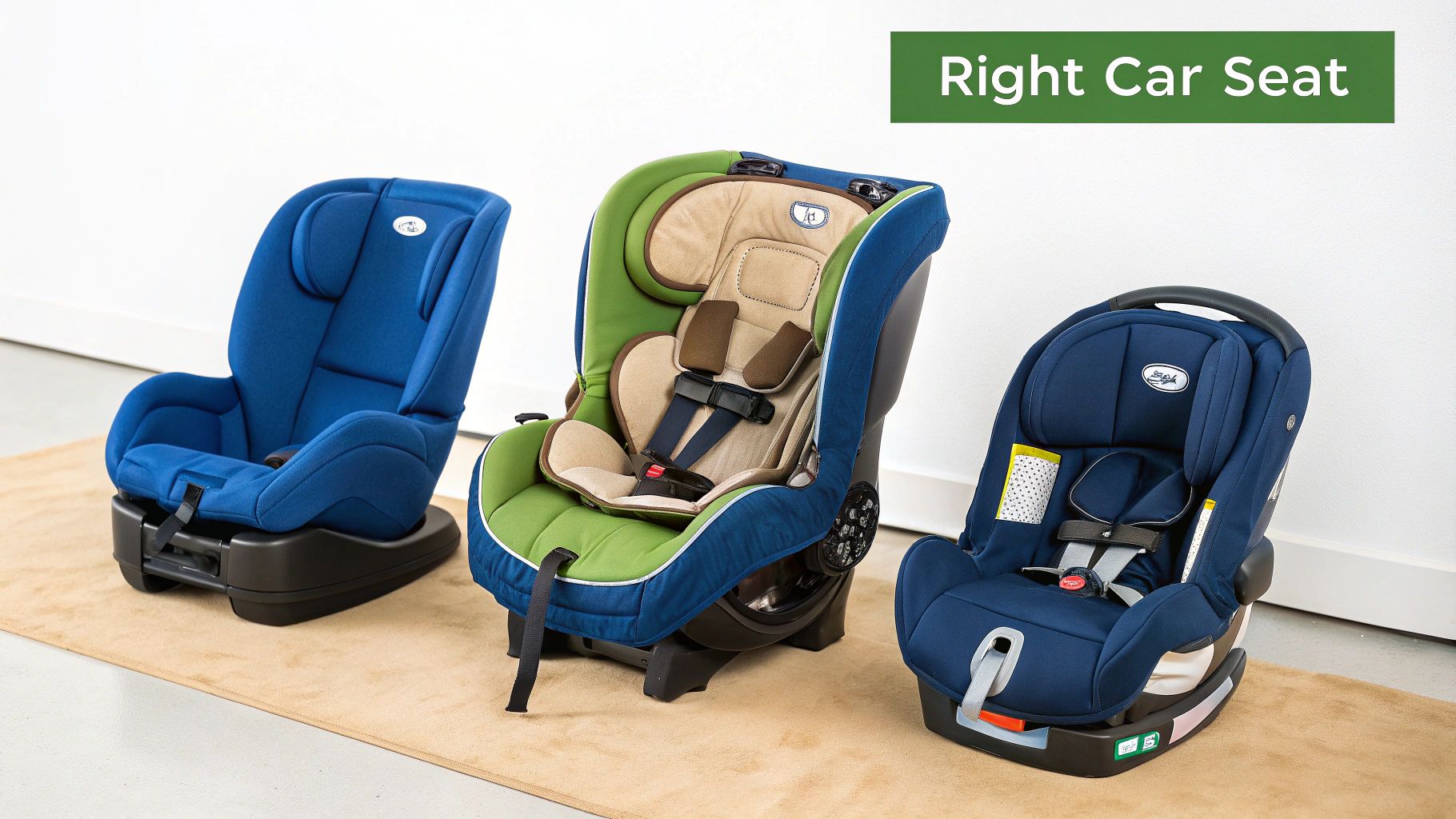 A modern car seat is shown in a clean, bright setting, highlighting safety features.