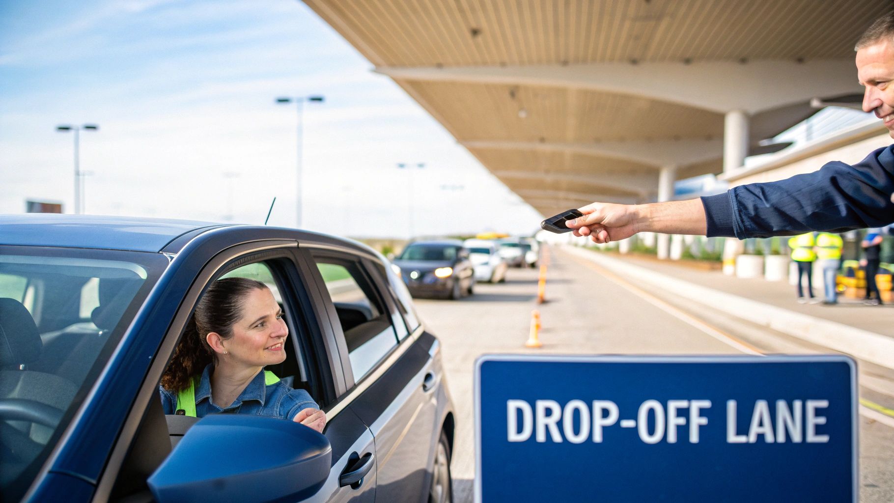 A rental car agent inspecting a returned vehicle in a parking lot.