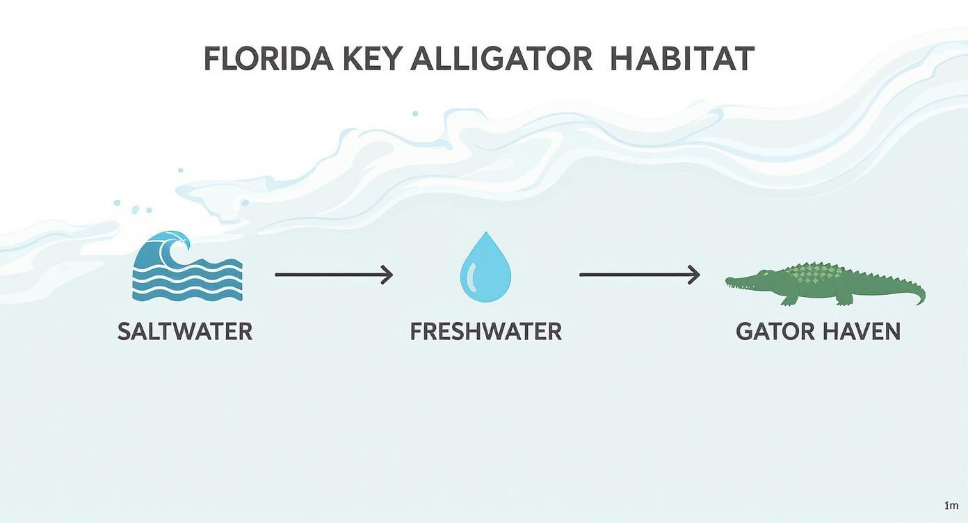 Diagram showing saltwater leading to freshwater, creating a Florida Keys alligator habitat or gator haven.