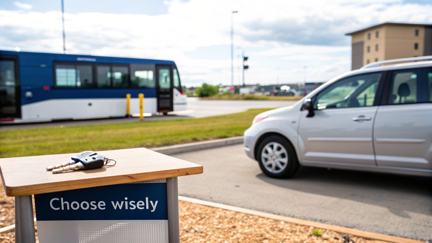 Car keys on a stand with 'Choose wisely' text, a bus and car in the background.