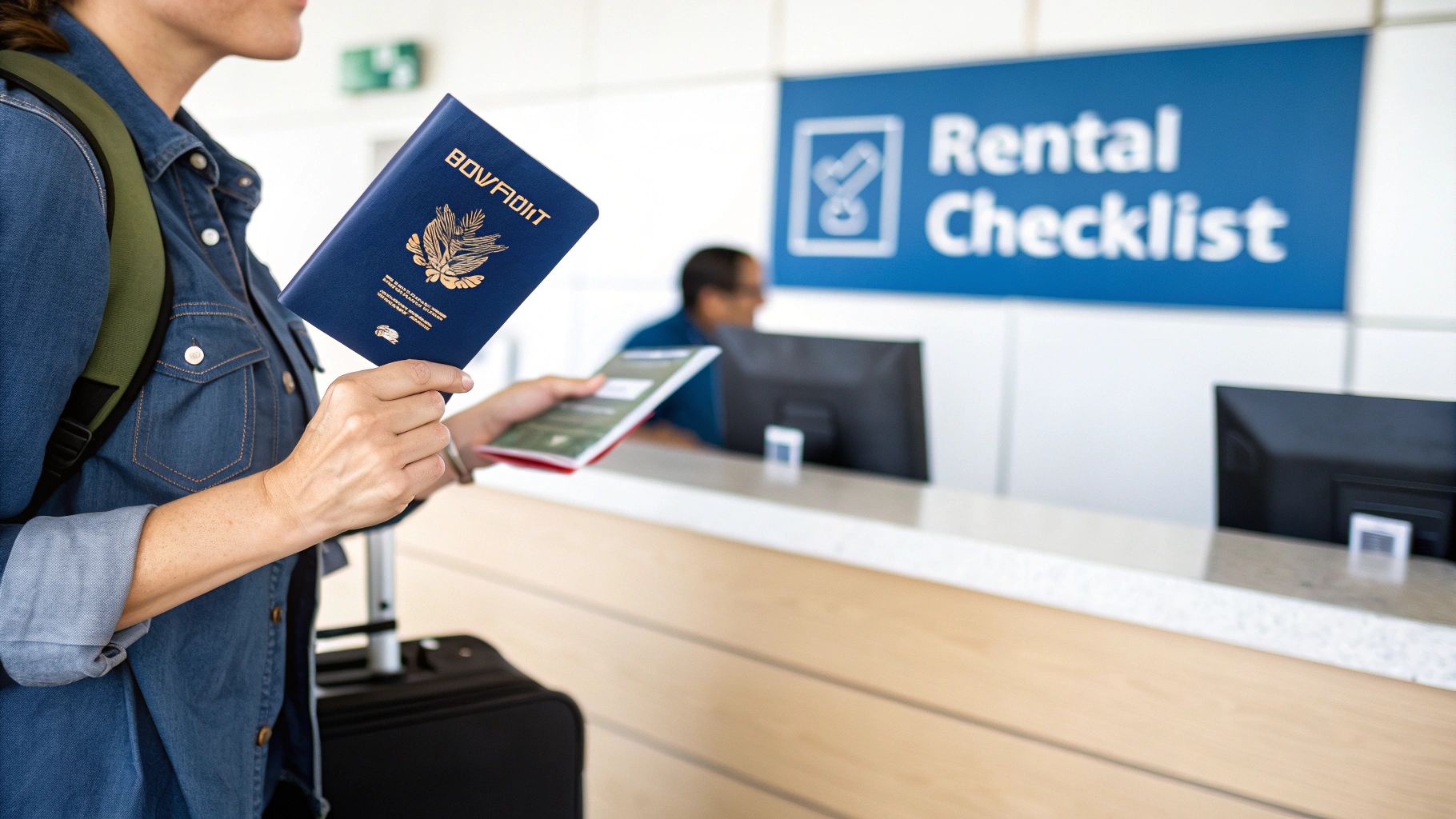 A person showing their passport and car keys at a car rental desk.