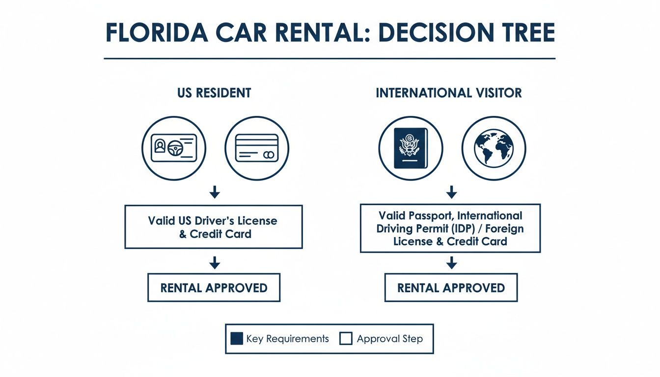 Decision tree for Florida car rental requirements, showing documents needed for US residents and international visitors.