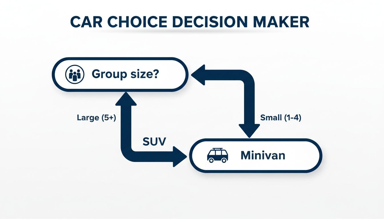 A car choice decision maker flowchart showing car recommendations based on group size.