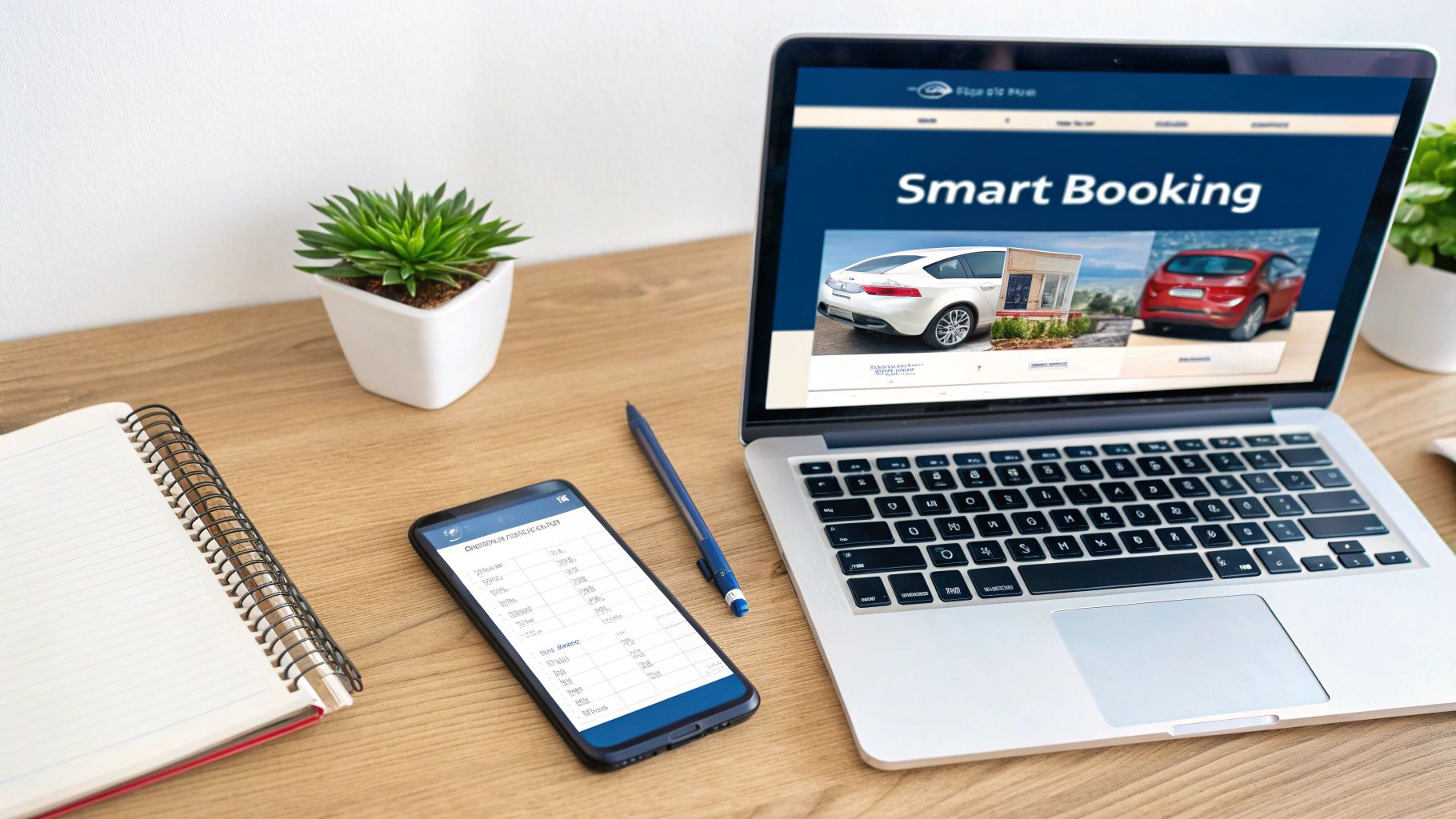 Laptop displaying smart booking website with smartphone showing rental details on wooden desk