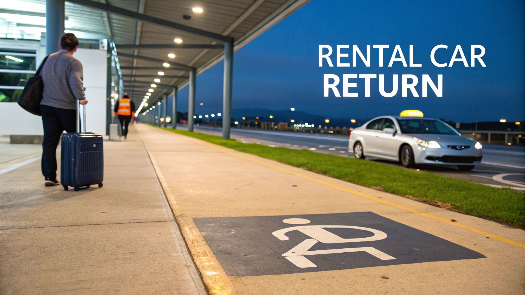Airport signs directing travelers to the rental car return area