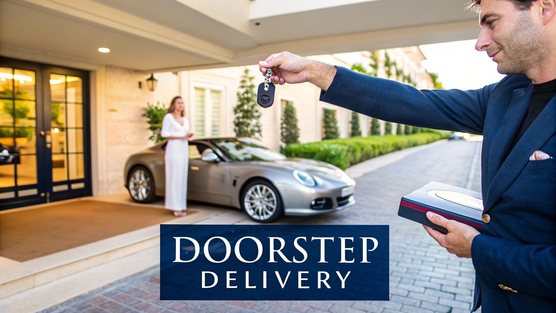 Professional concierge delivering luxury sports car keys to customer at upscale residential doorstep