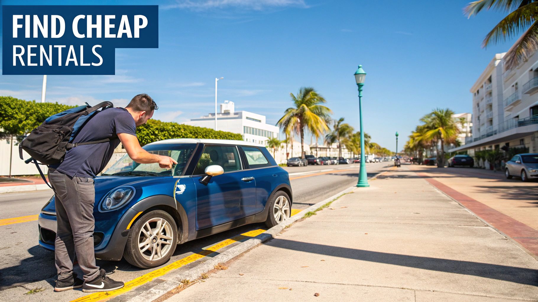 A man interacts with a blue Mini Cooper rental car on a sunny street with 'FIND CHEAP RENTALS' text.