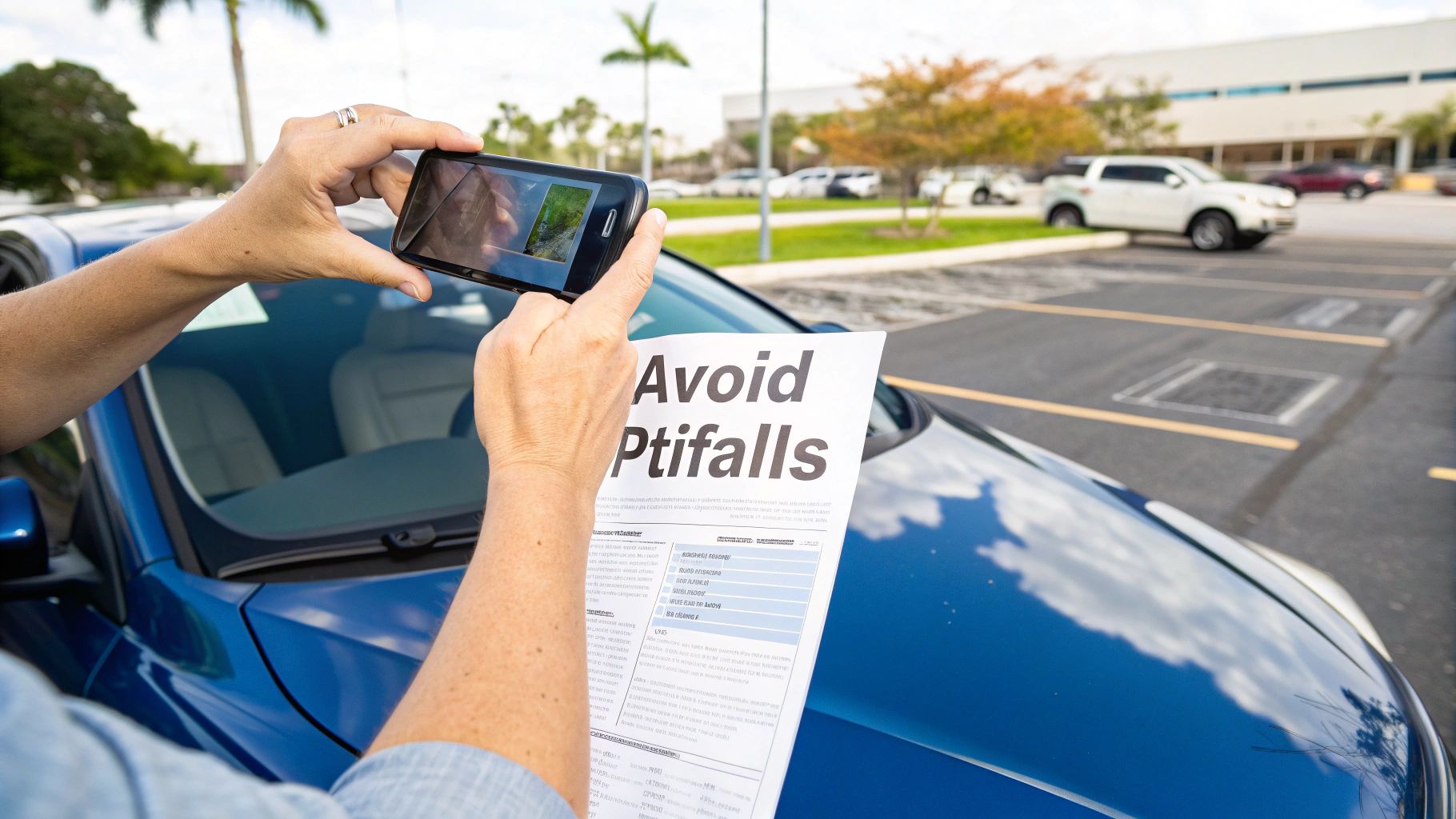 Person photographing car rental damage inspection document to avoid pitfalls in parking lot