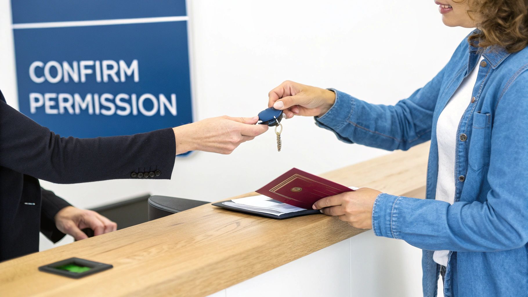 Customer receiving car keys and documents from an agent at a service counter.