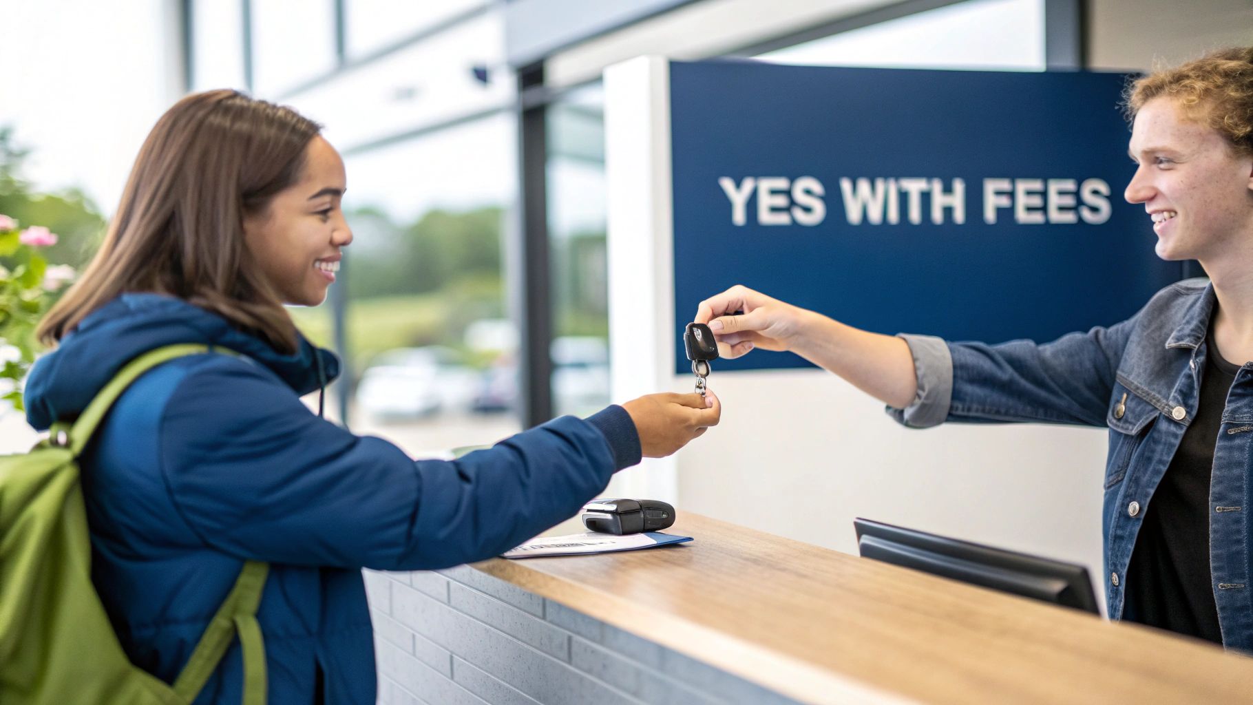 Two young women smiling as one hands car keys to the other at a rental counter.