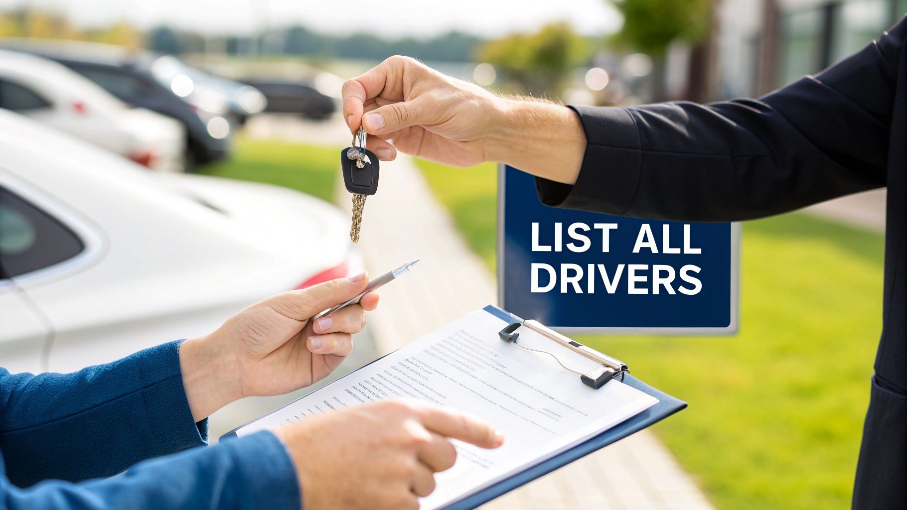 Two friends happily driving in a rental car on a sunny day.