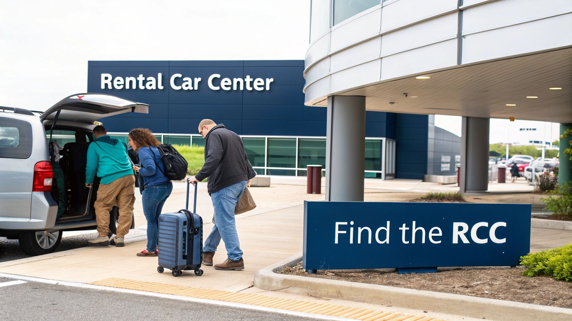 People load luggage into a silver minivan outside a Rental Car Center building.