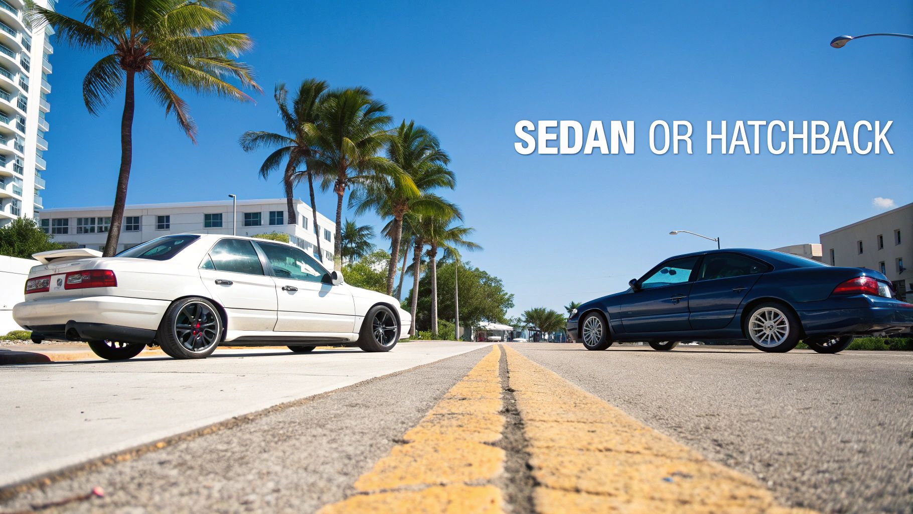 An image comparing a white car and a blue car on a road, with text asking 'Sedan or Hatchback'.