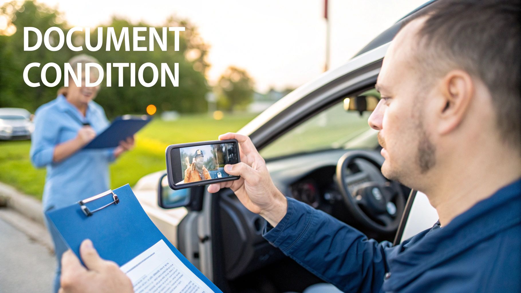 A person taking a video of a video of a rental car's dashboard and mileage.