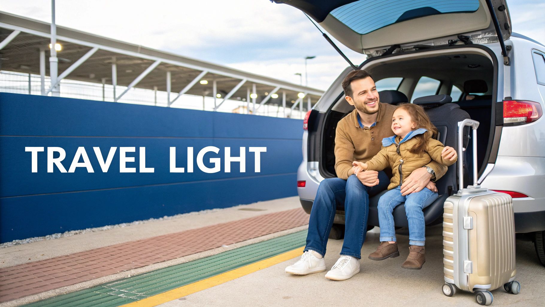 A smiling mother and child sitting in a car, illustrating the convenience of a car seat rental for family travel.