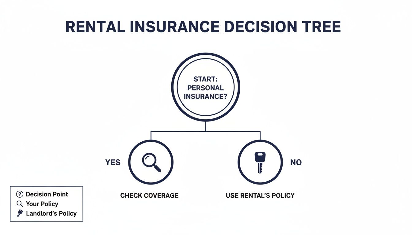 Decision tree illustrating rental insurance options: checking personal policy coverage or using the rental's policy.