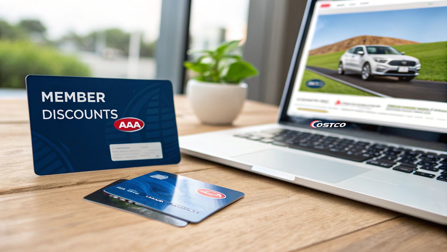 AAA Member Discounts card and credit cards on a wooden table next to a laptop showing a Costco ad.