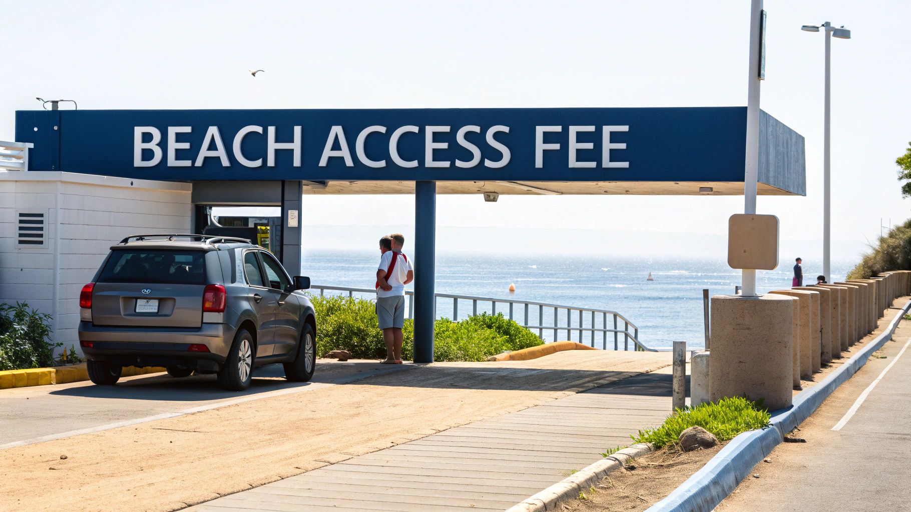 A beach access ramp in Daytona Beach with a fee booth and cars lined up.