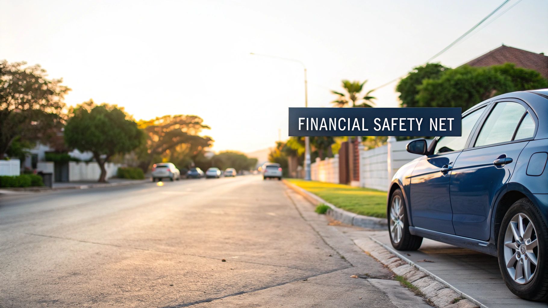 A blue car parked on a suburban street at dusk with a prominent 'FINANCIAL SAFETY NET' overlay.