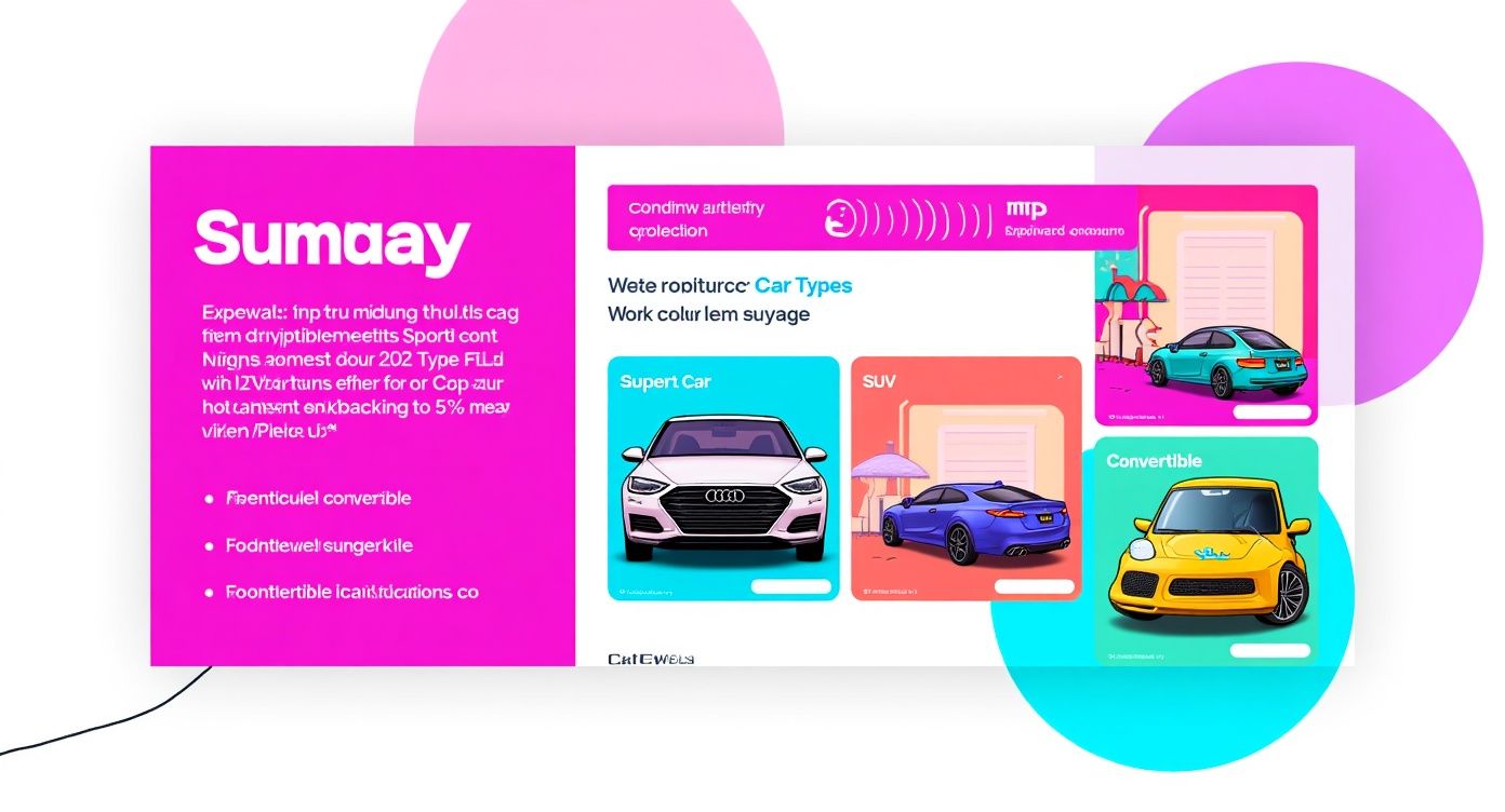 Colorful car rental website design showcasing super car, SUV, and convertible vehicle type categories