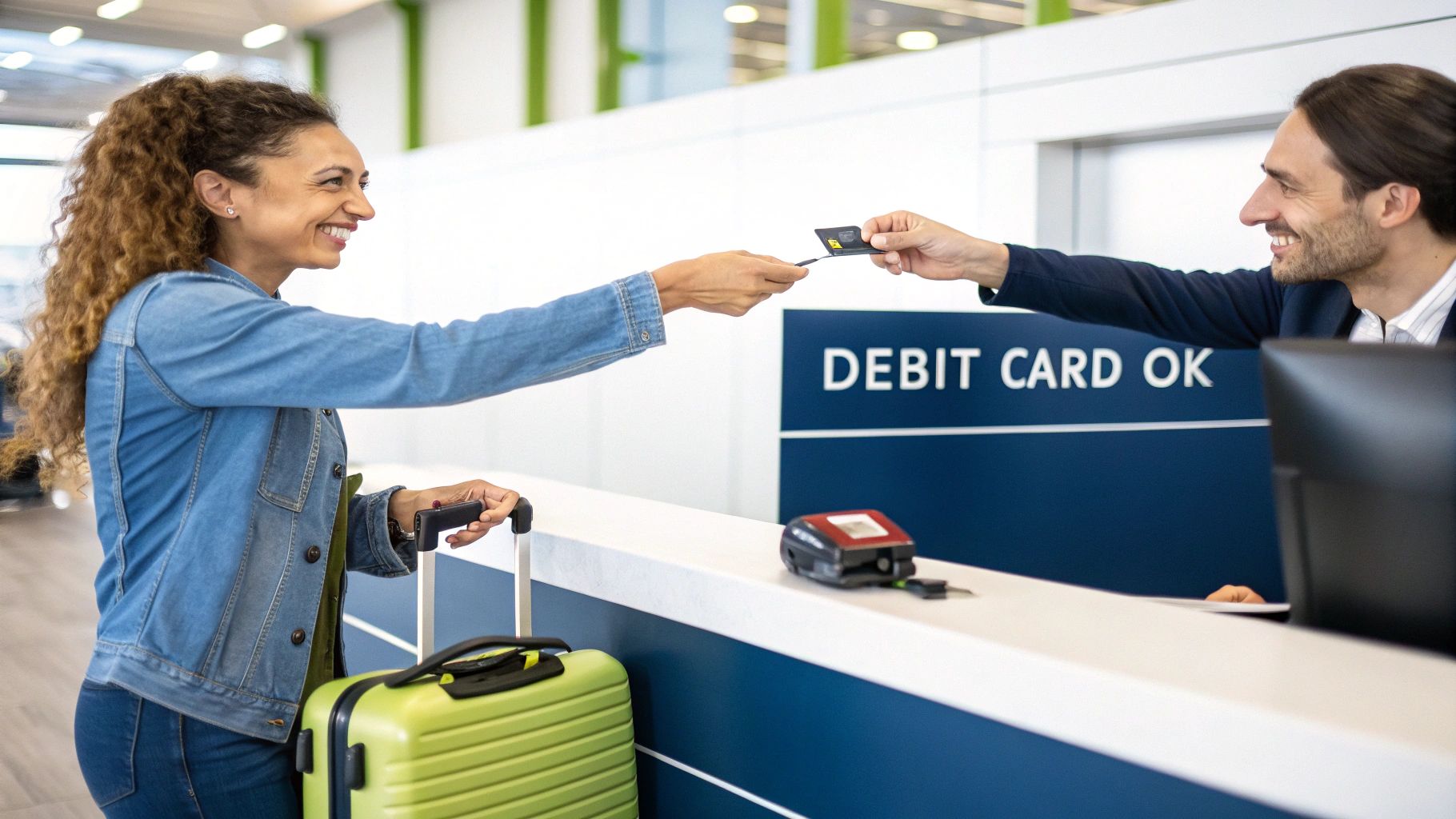 A smiling woman with a green suitcase hands a debit card to a male agent at a service counter.