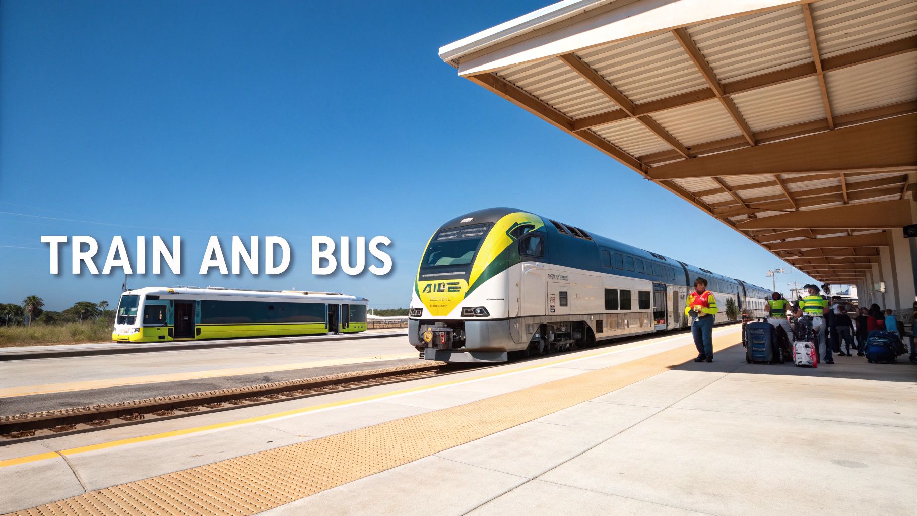 A bright train and a bus parked at a station platform on a sunny day with passengers.