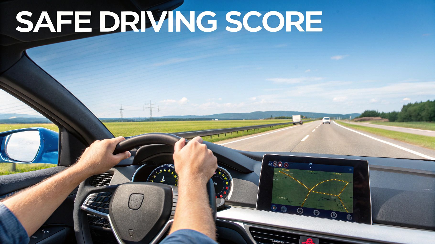 Driver's view from inside a car on a highway, with a navigation screen and 'SAFE DRIVING SCORE' text.