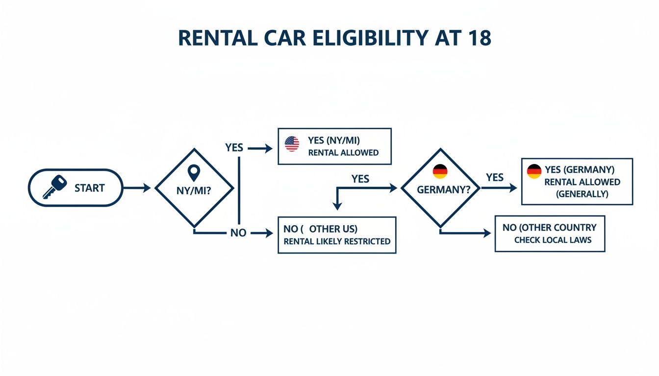 Flowchart outlining rental car eligibility at 18 for different locations like NY, MI, and Germany.