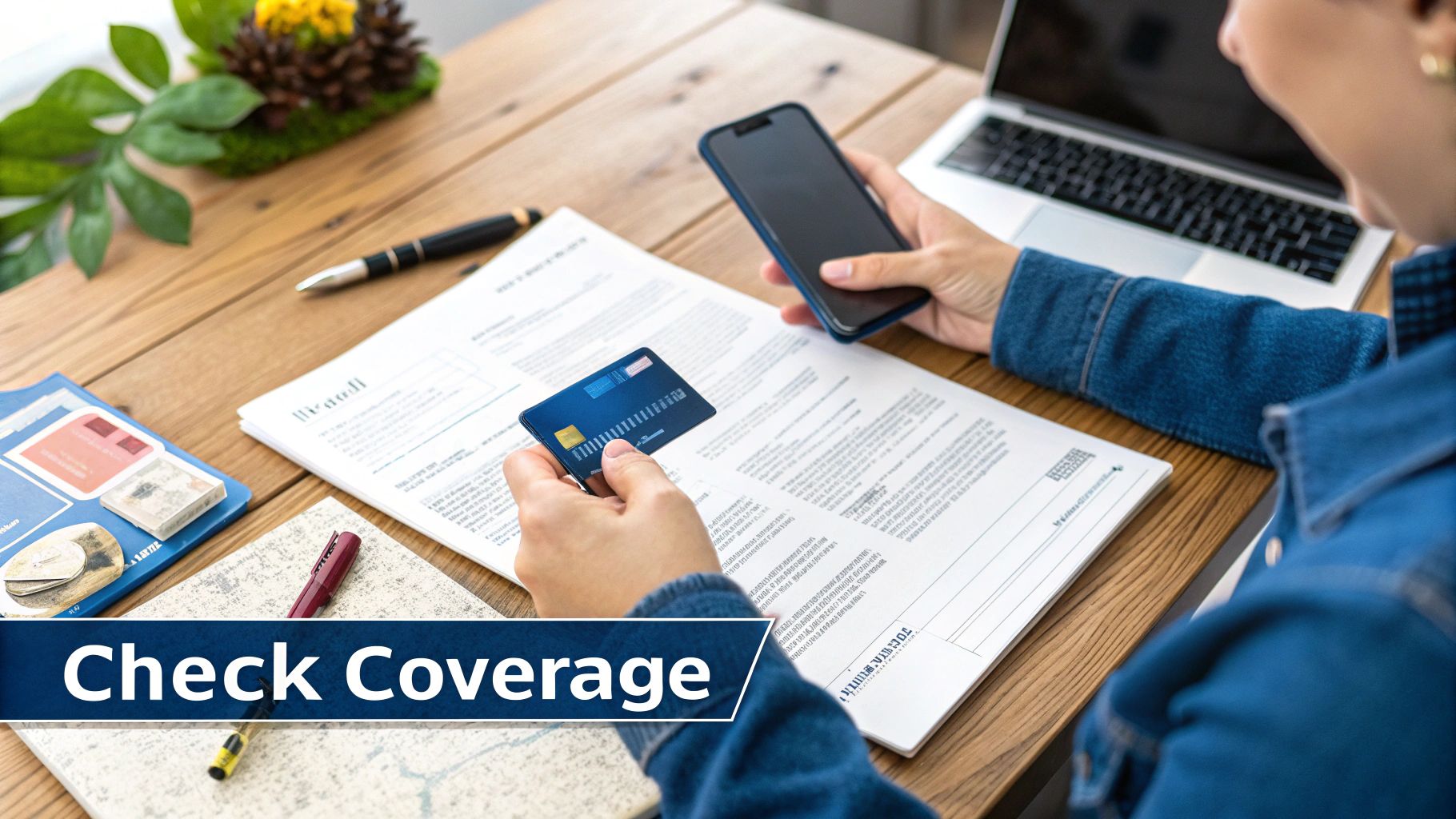 A person holding a credit card and smartphone, looking at documents on a desk with a laptop, checking coverage.