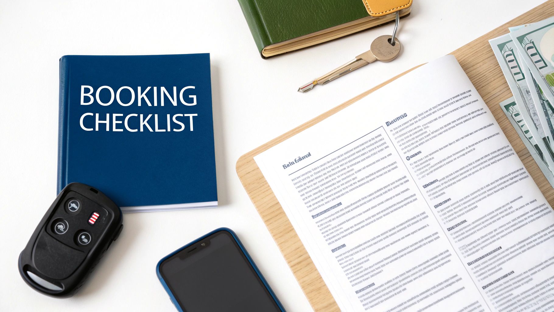 Booking checklist binder with car keys, smartphone, rental contract documents and cash money on desk