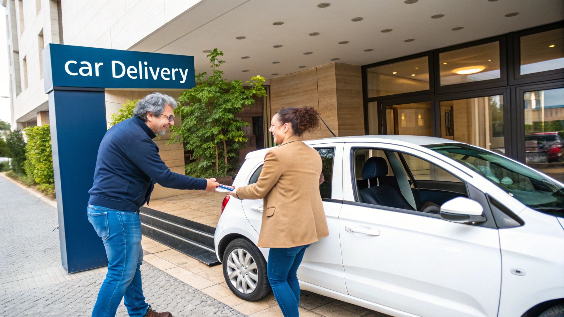 Smiling man delivering a white rental car to a happy woman customer.