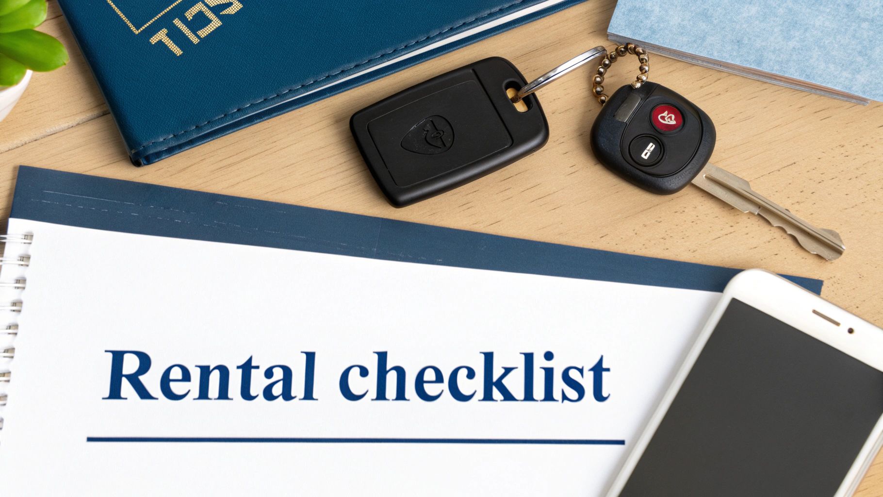 Rental checklist document with car keys, passport, and smartphone on wooden desk