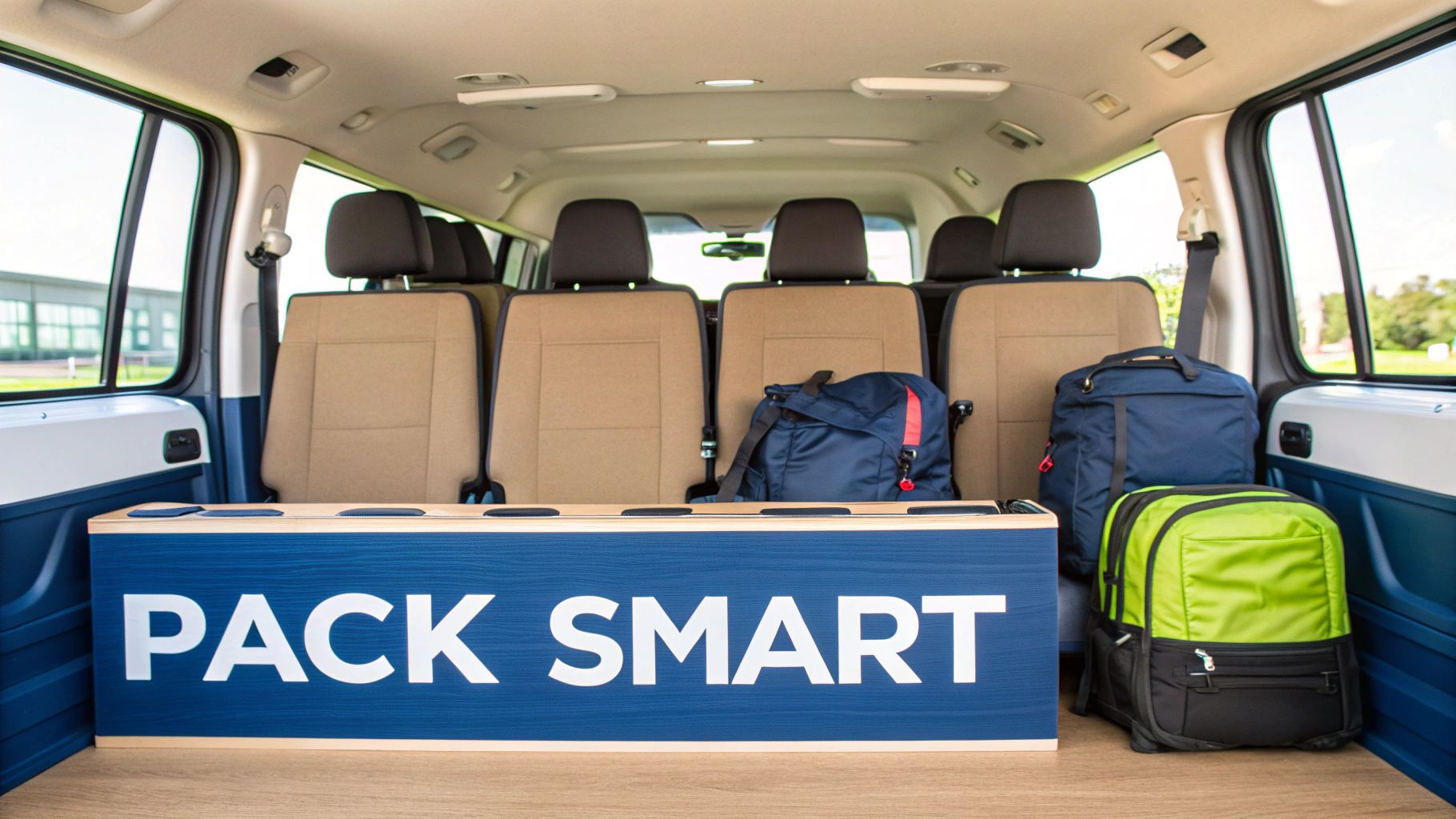 Interior of a passenger van showing multiple rows of seats, a 'PACK SMART' box, and travel bags.