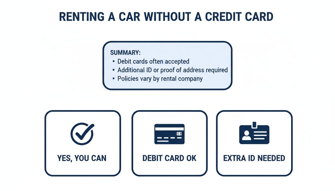 Infographic explaining how to rent a car without a credit card, highlighting debit card acceptance and ID requirements.
