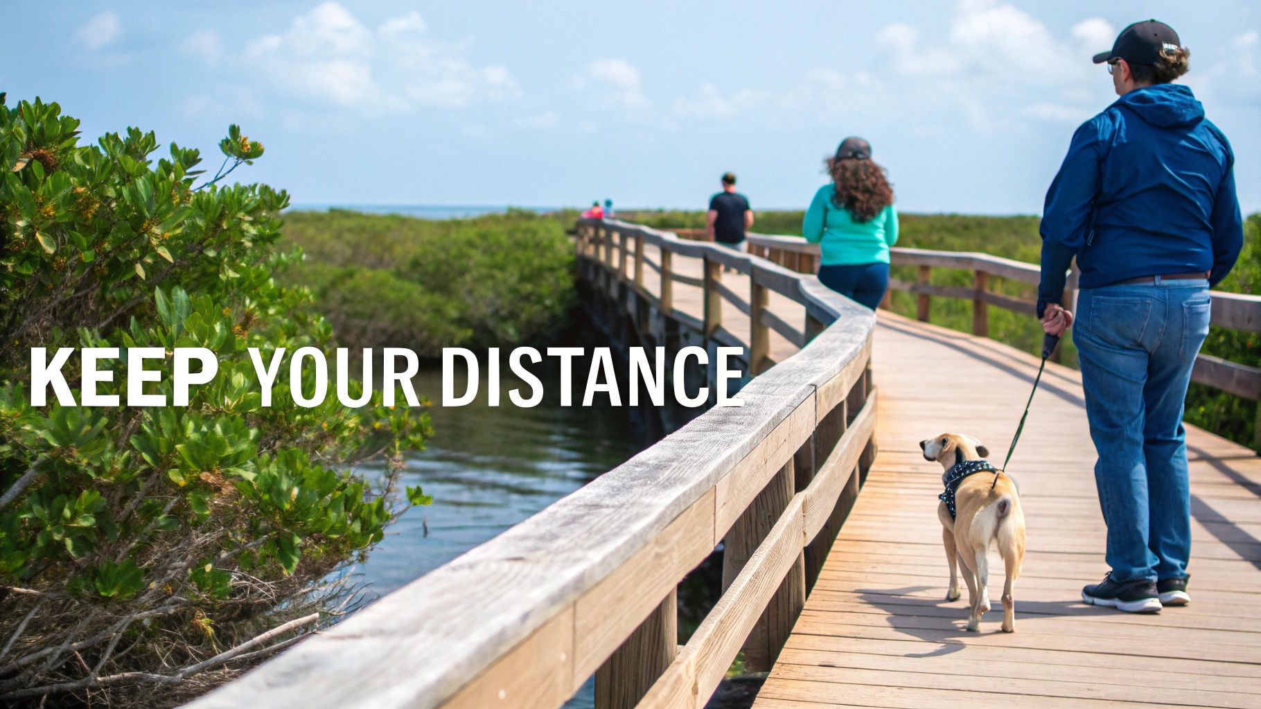 People and a dog walk on a wooden boardwalk through a marsh, with 'KEEP YOUR DISTANCE' text.