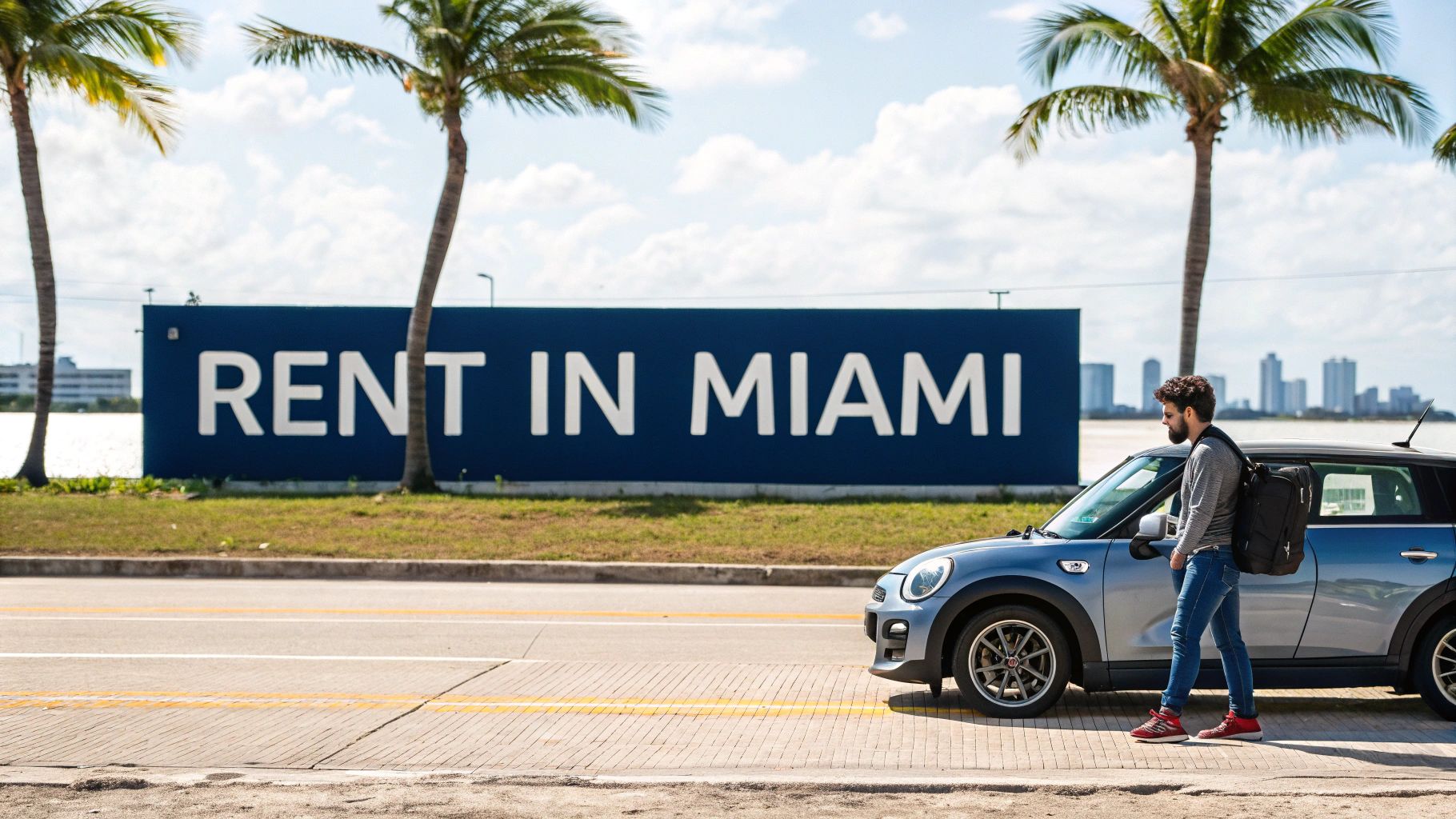 A man stands next to a Mini Cooper rental car with a 'RENT IN MIAMI' sign and city skyline.