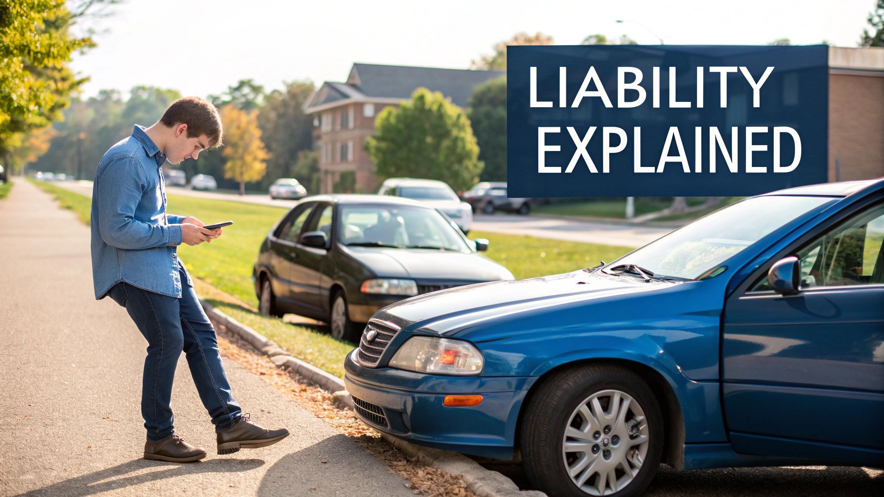 A young man distracted by his phone near a blue car that has hit a curb, with 'LIABILITY EXPLAINED' text.
