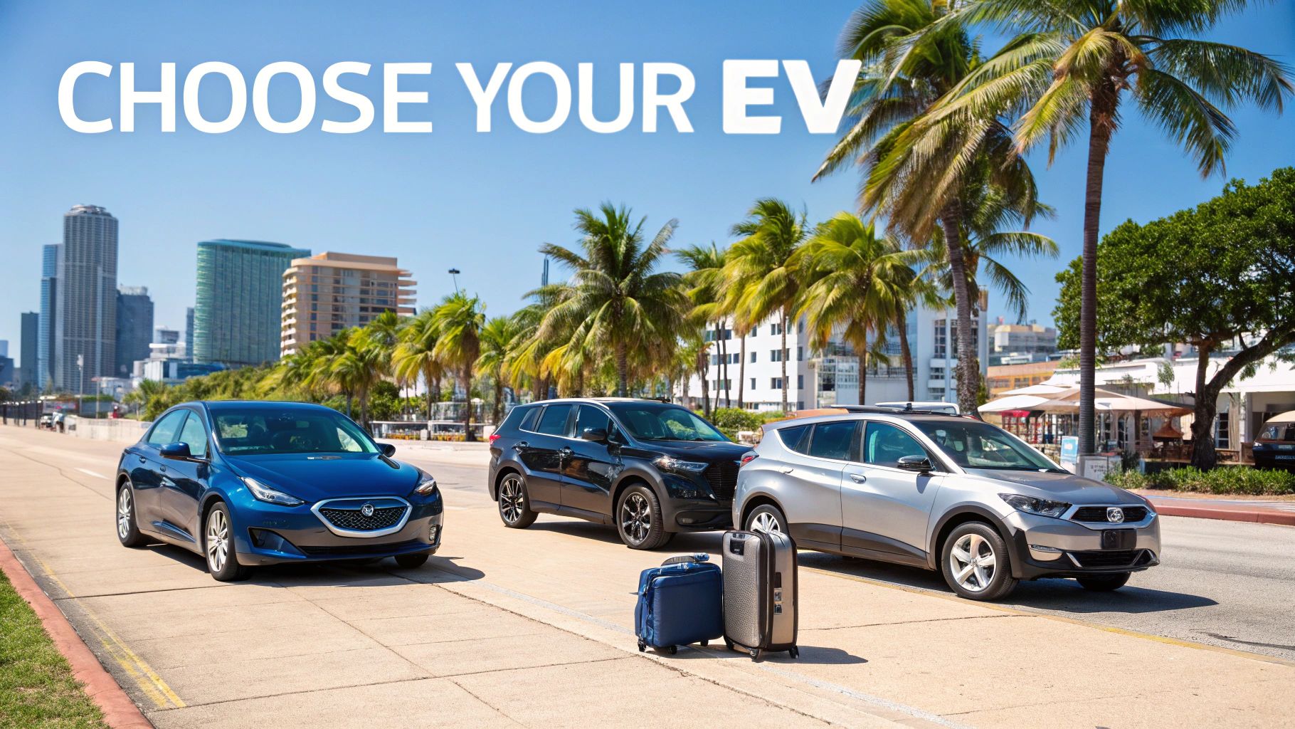A white Tesla driving along a sunny Miami road with palm trees.