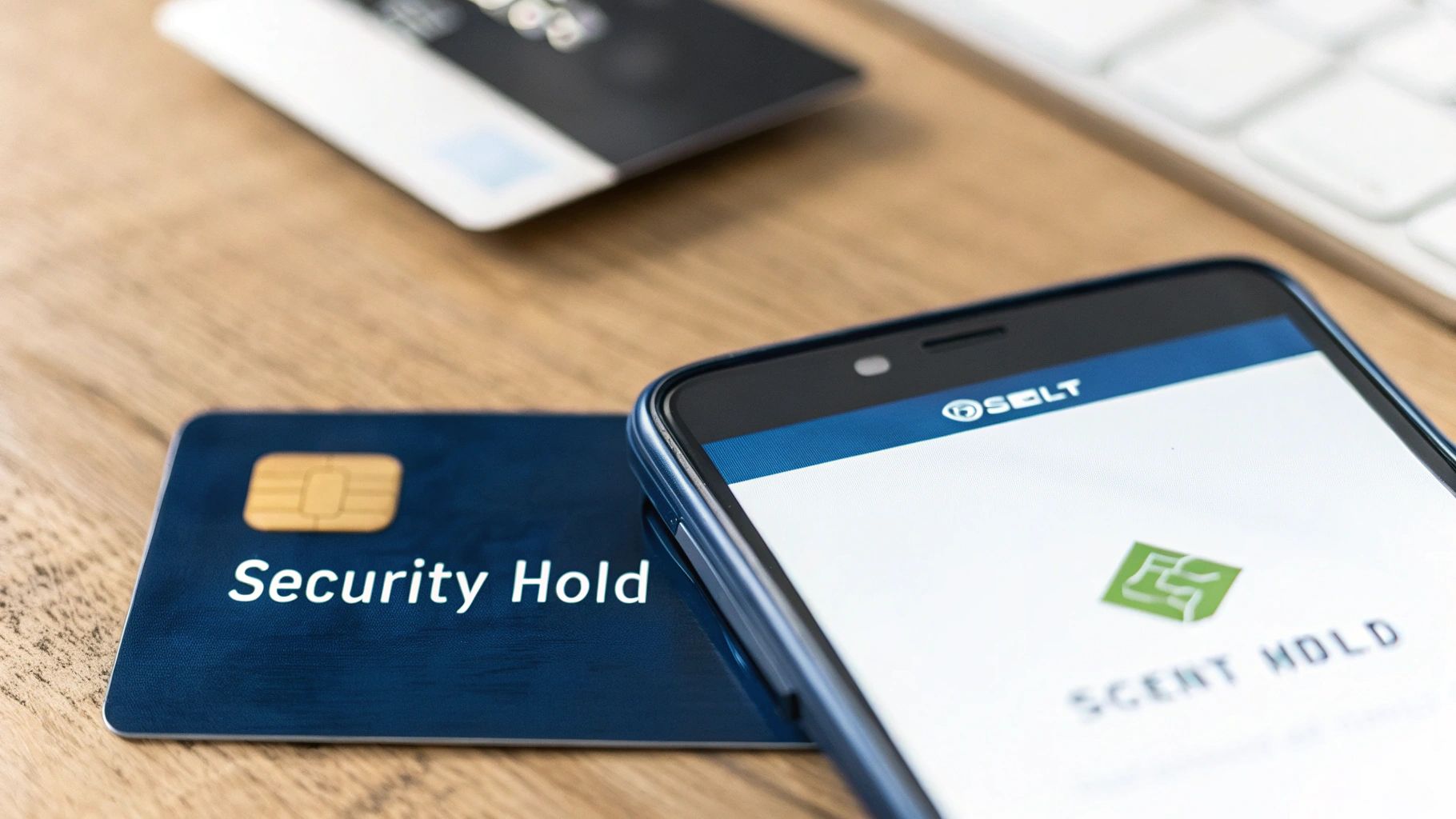 A blue credit card with 'Security Hold' text, next to a smartphone displaying a banking app.