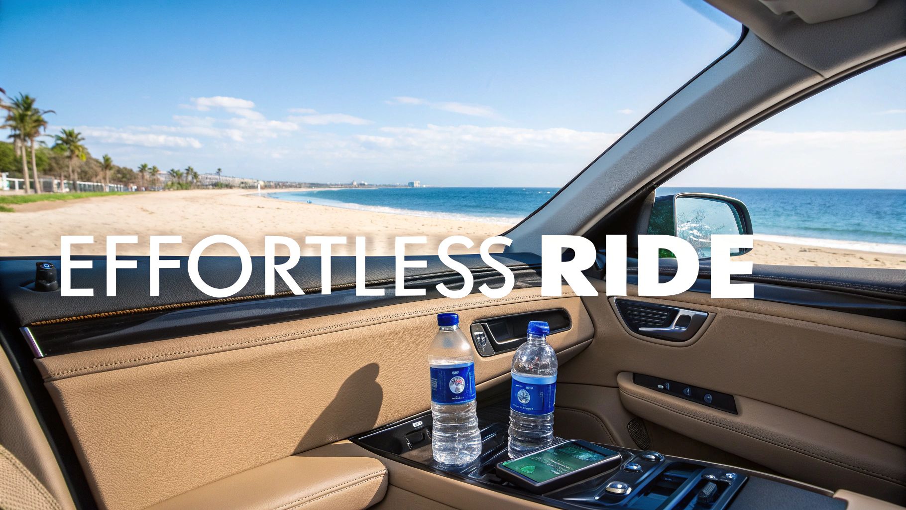 Luxury car interior with beach view and water bottles, premium transportation service Miami Beach
