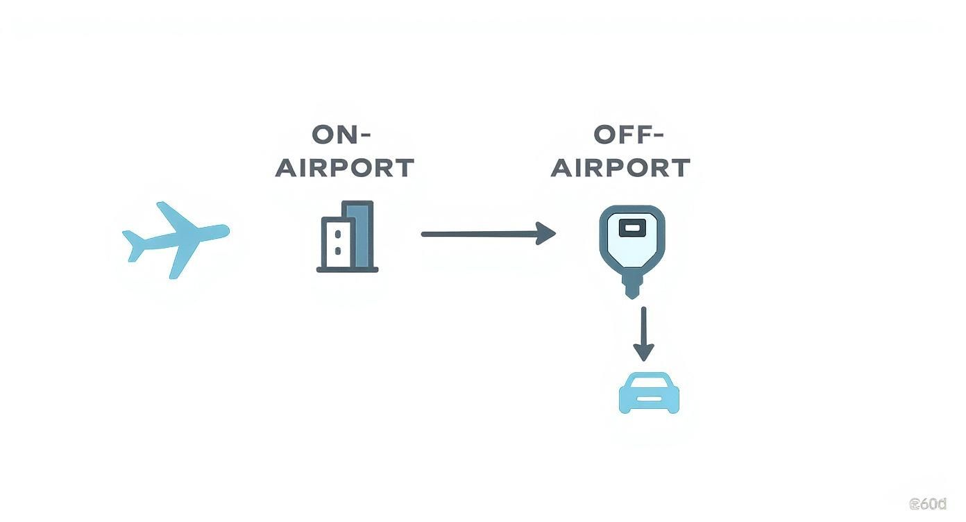 Diagram showing airport travel: airplane to on-airport facility, then off-airport location for car rental pick-up.