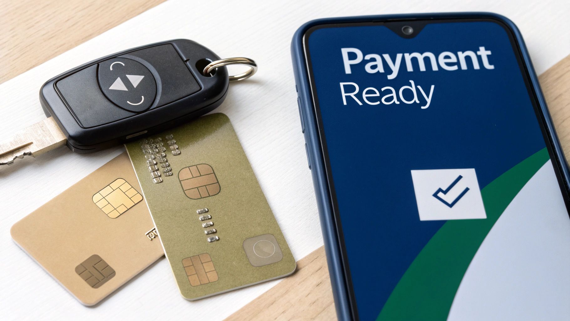 A car key, two credit cards, and a smartphone displaying 'Payment Ready' on a table.